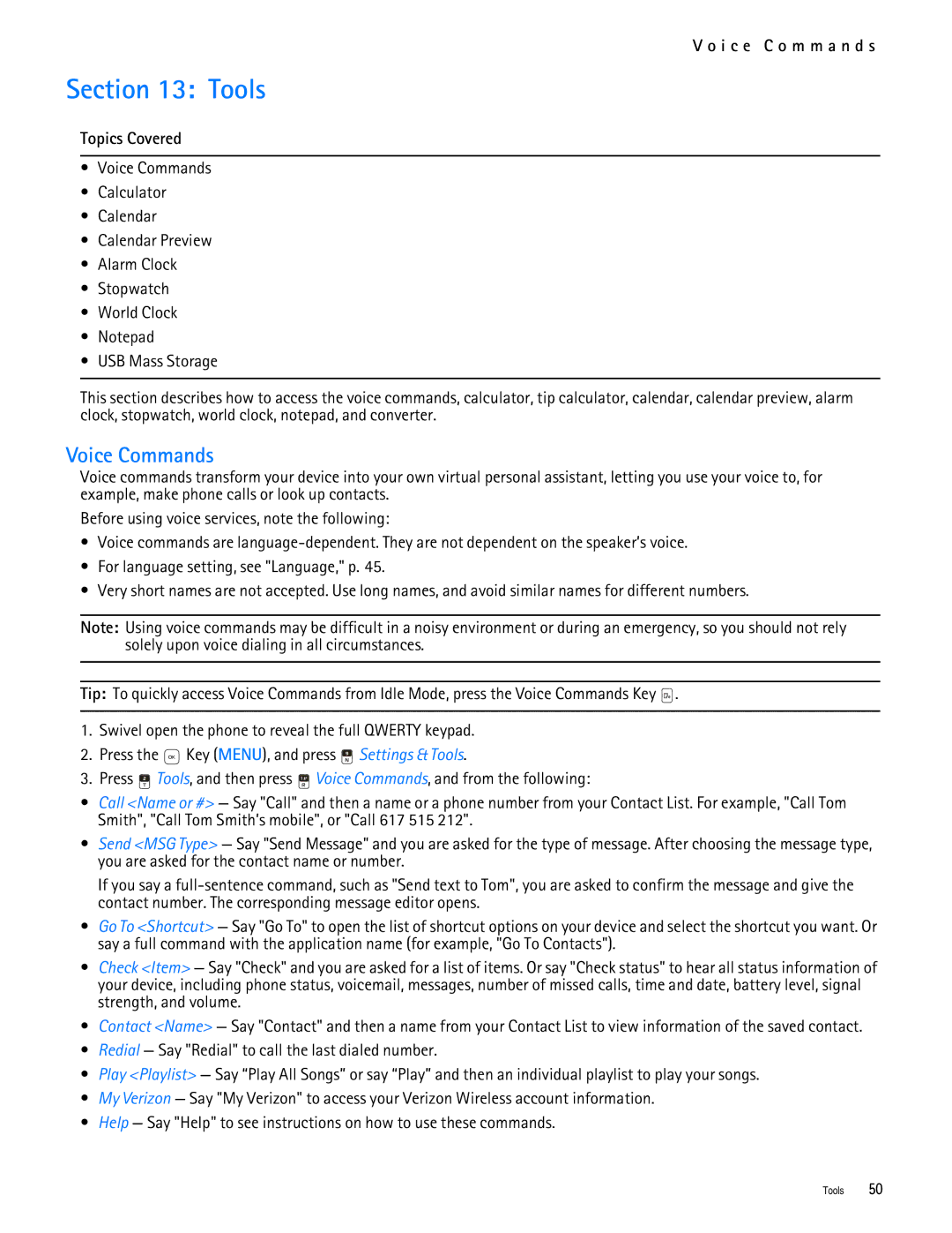 Nokia 7705 manual Tools, Voice Commands, I c e C o m m a n d s 