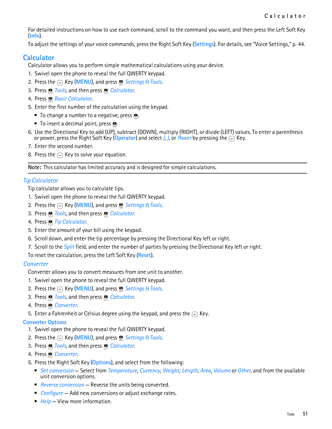 Nokia 7705 manual Tip Calculator, L c u l a t o r, Converter Options 