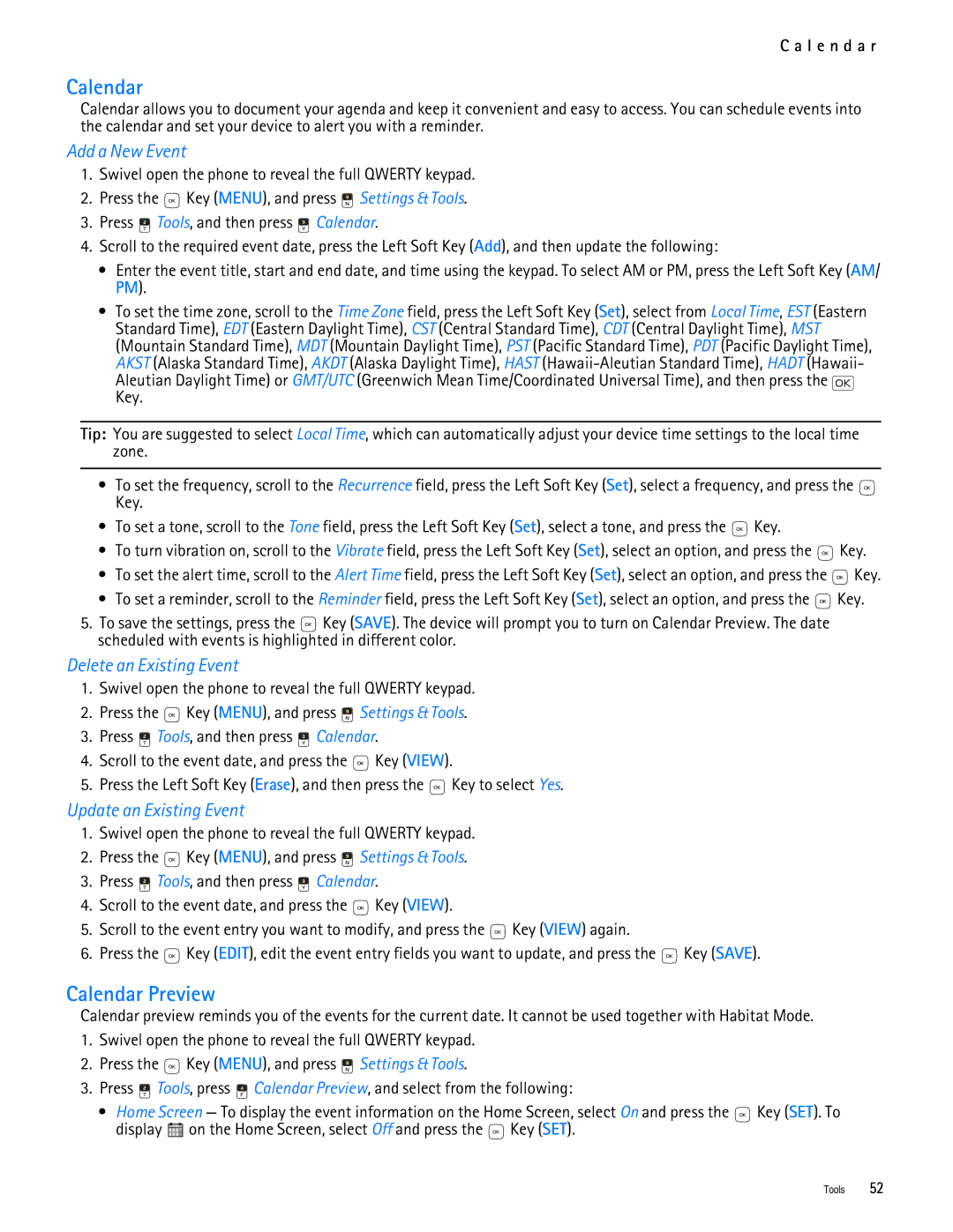 Nokia 7705 manual Calendar Preview, Add a New Event, Delete an Existing Event, Update an Existing Event 