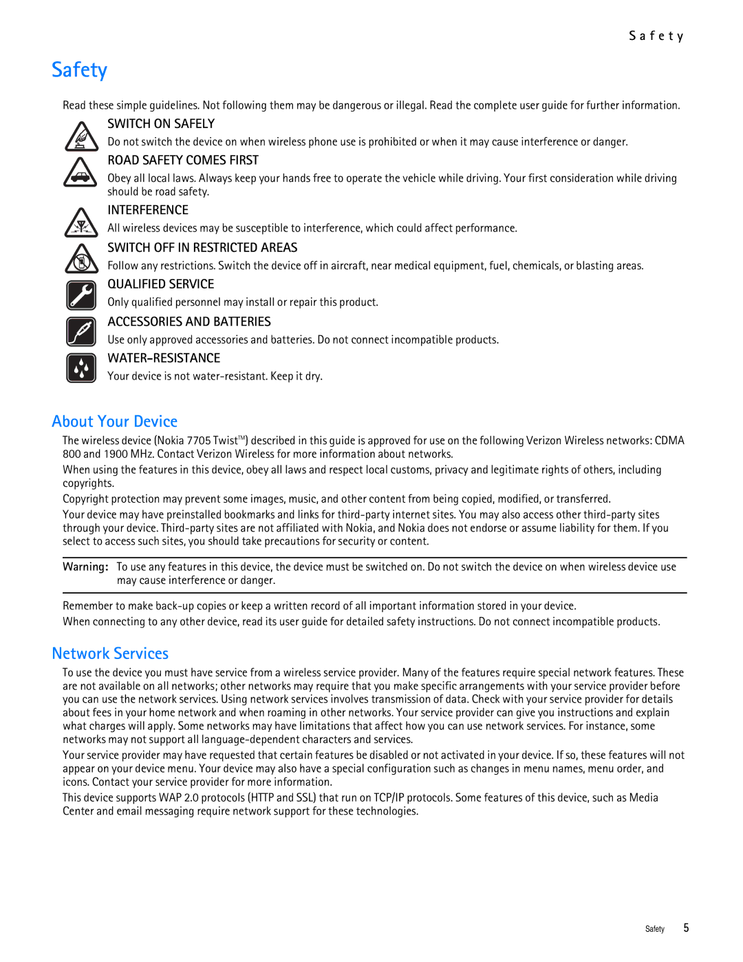 Nokia 7705 manual Safety, About Your Device, Network Services, F e t y 