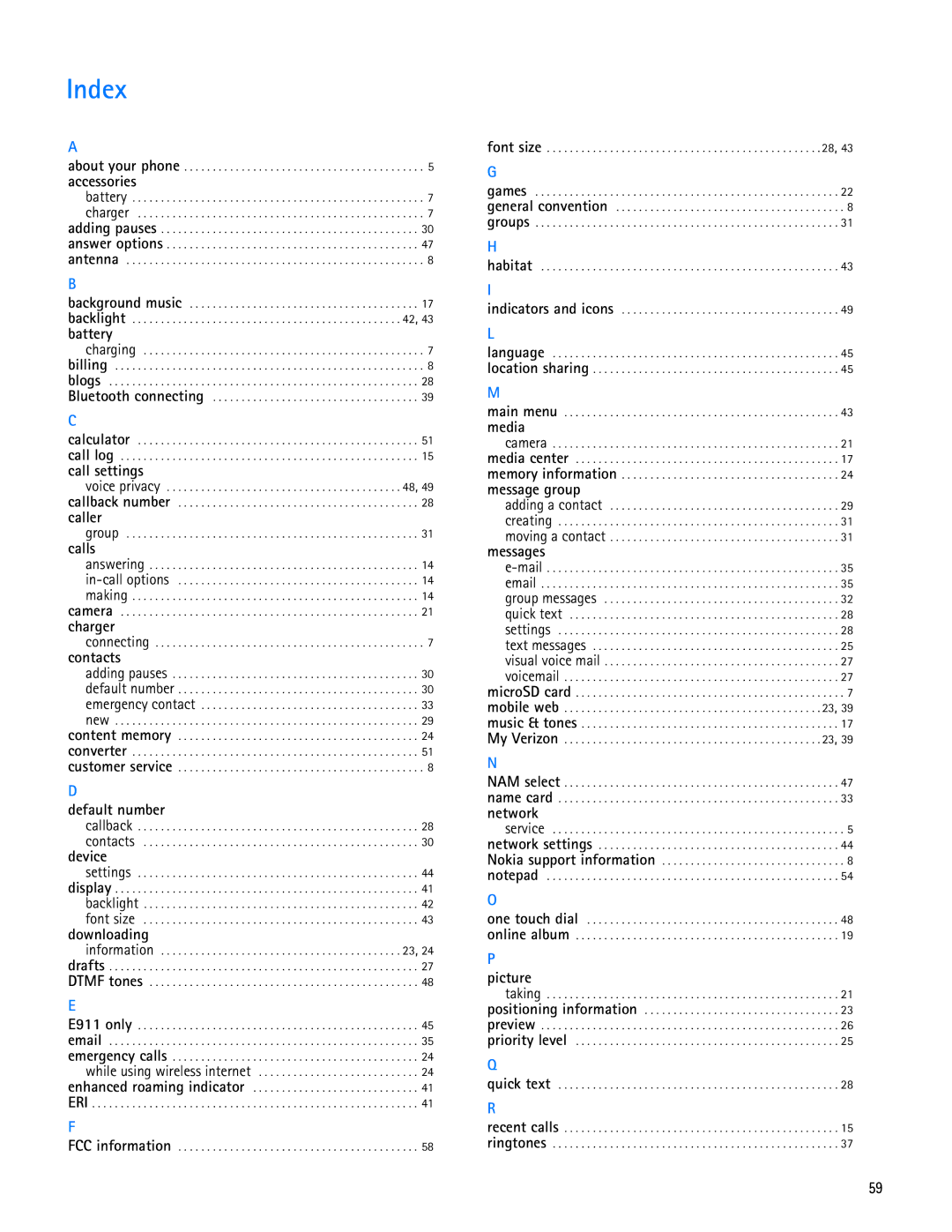 Nokia 7705 manual Index, Battery 