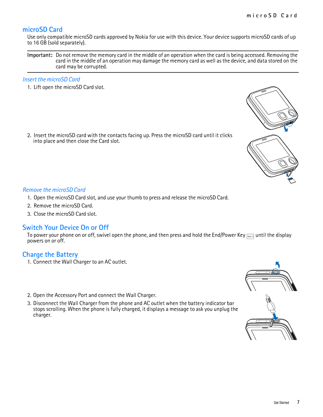 Nokia 7705 manual MicroSD Card, Switch Your Device On or Off, Charge the Battery, Insert the microSD Card 