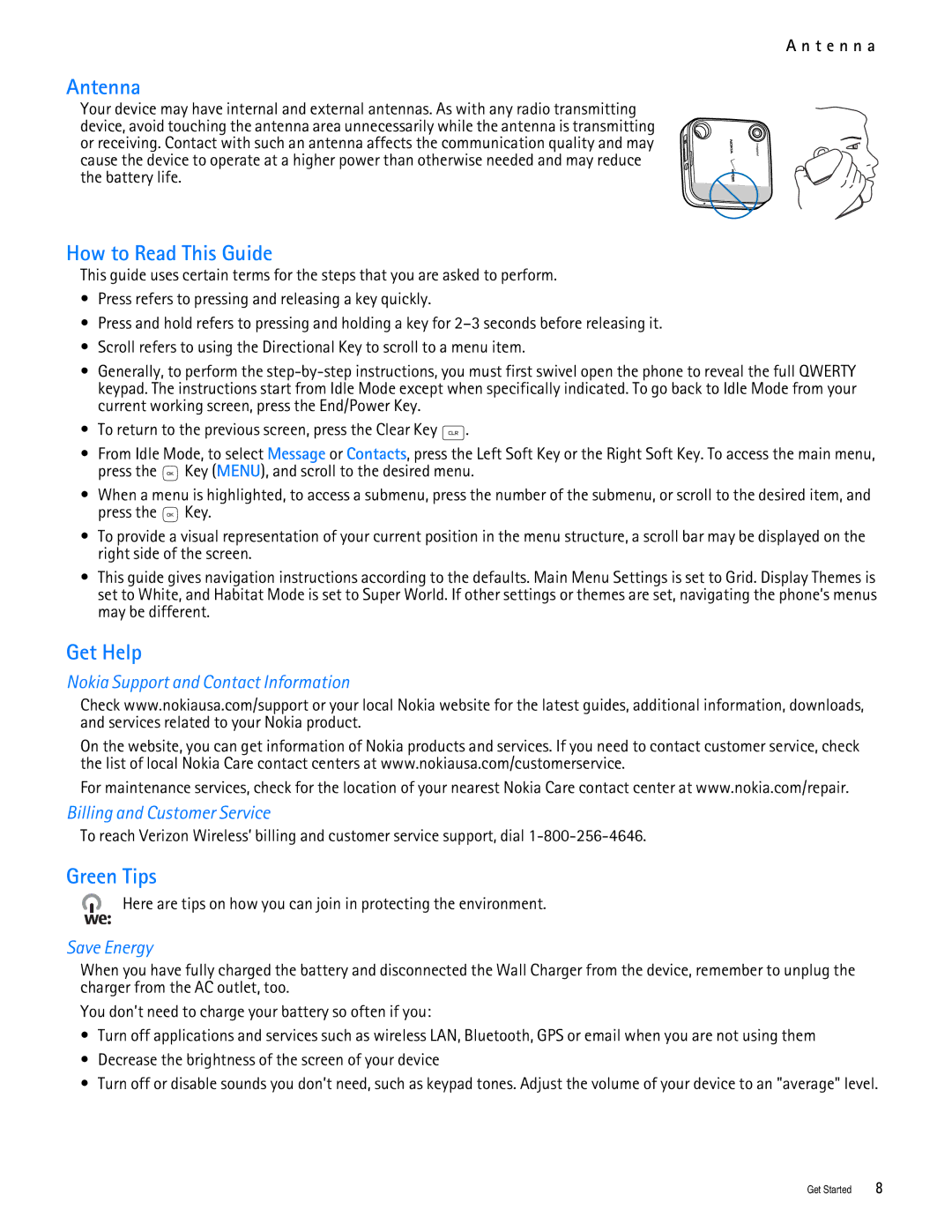 Nokia 7705 manual Antenna, How to Read This Guide, Get Help, Green Tips, Save Energy 