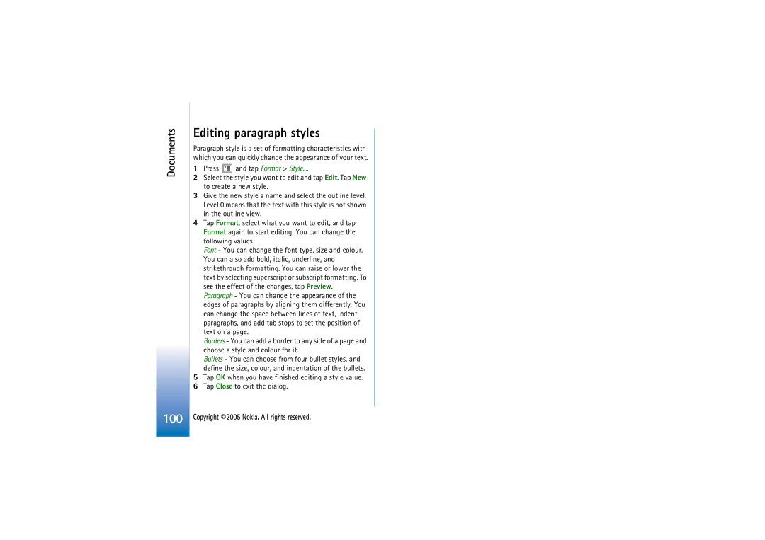 Nokia 7710 manual Editing paragraph styles, Copyright 2005 Nokia. All rights reserved 