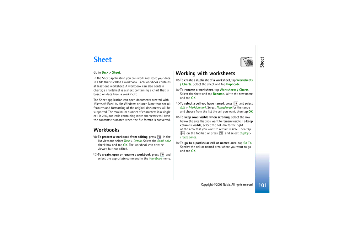 Nokia 7710 manual Workbooks, Working with worksheets, Go to Desk Sheet 