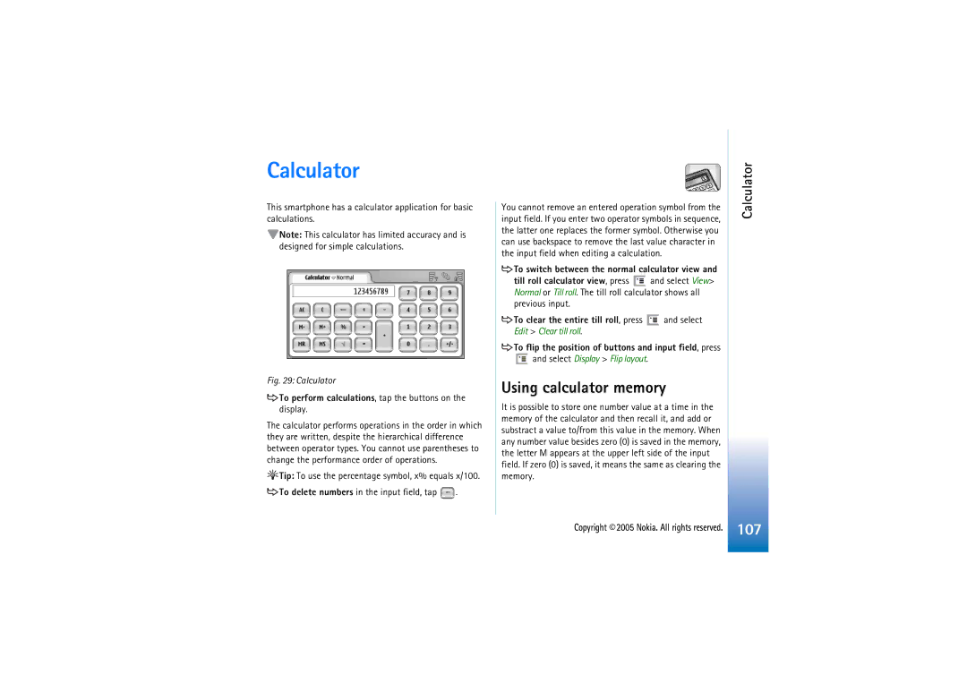 Nokia 7710 manual Calculator, Using calculator memory, To perform calculations, tap the buttons on the display 