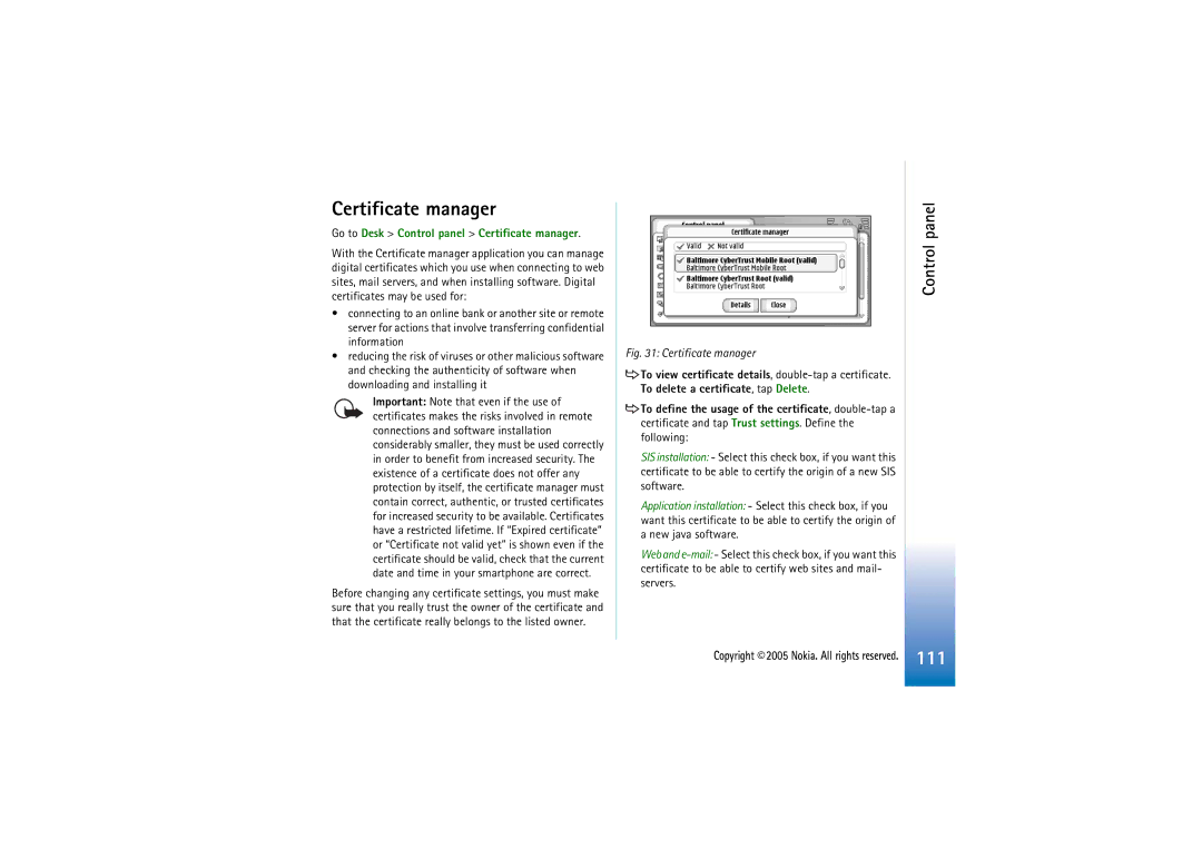 Nokia 7710 manual Go to Desk Control panel Certificate manager 