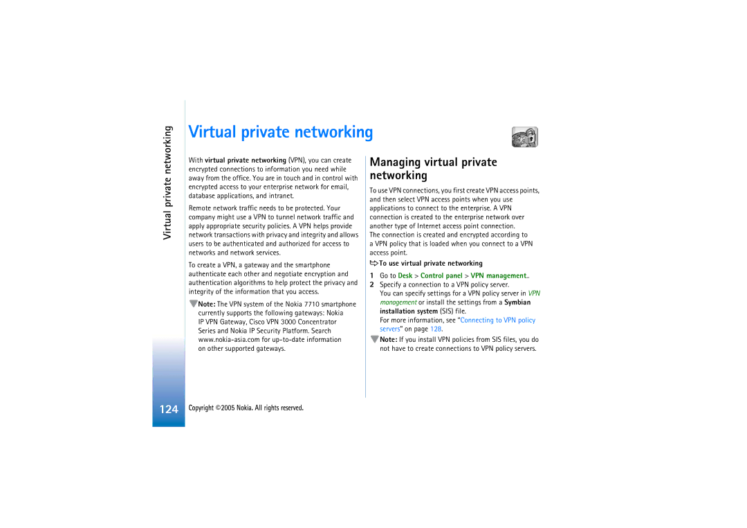 Nokia 7710 manual Virtual private networking, Managing virtual private networking, To use virtual private networking 