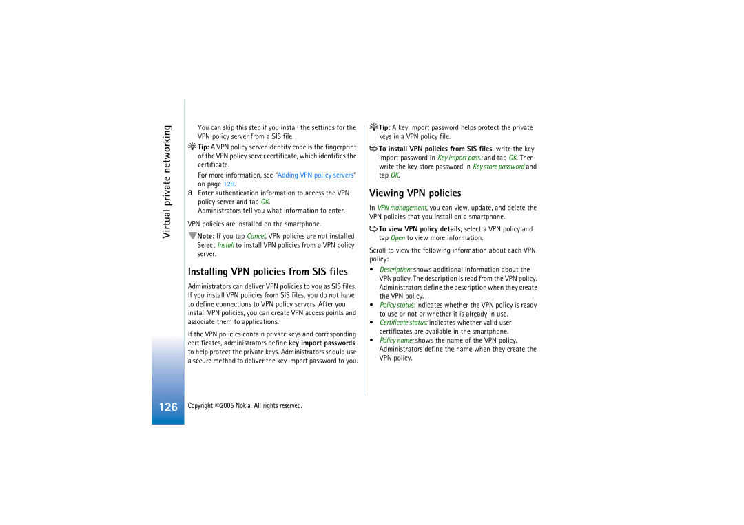 Nokia 7710 manual Viewing VPN policies, Installing VPN policies from SIS files 