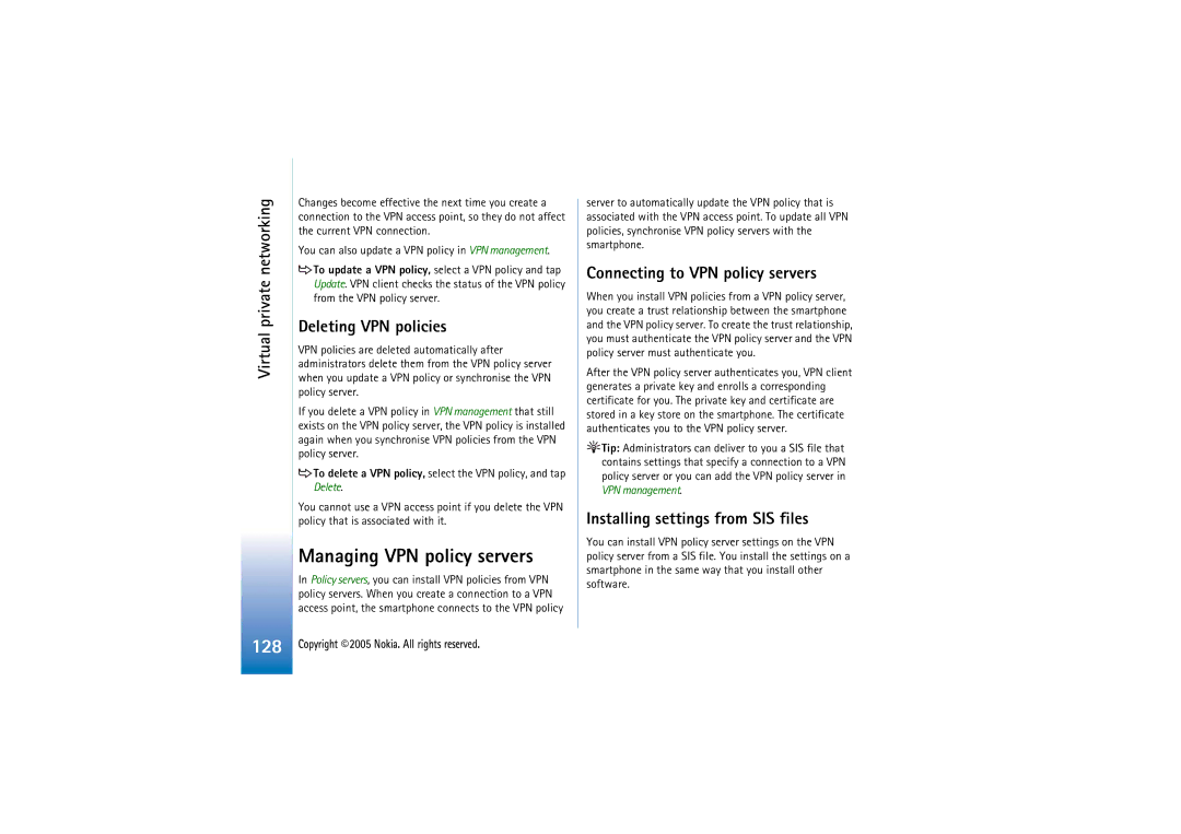 Nokia 7710 manual Managing VPN policy servers, Deleting VPN policies, Connecting to VPN policy servers 