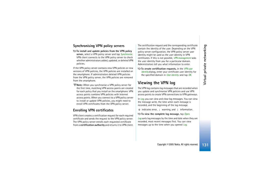 Nokia 7710 manual Viewing the VPN log, Synchronising VPN policy servers, Enrolling VPN certificates 