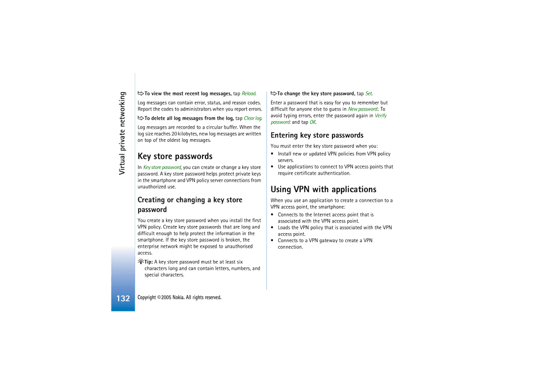 Nokia 7710 manual Key store passwords, Using VPN with applications, Creating or changing a key store password 