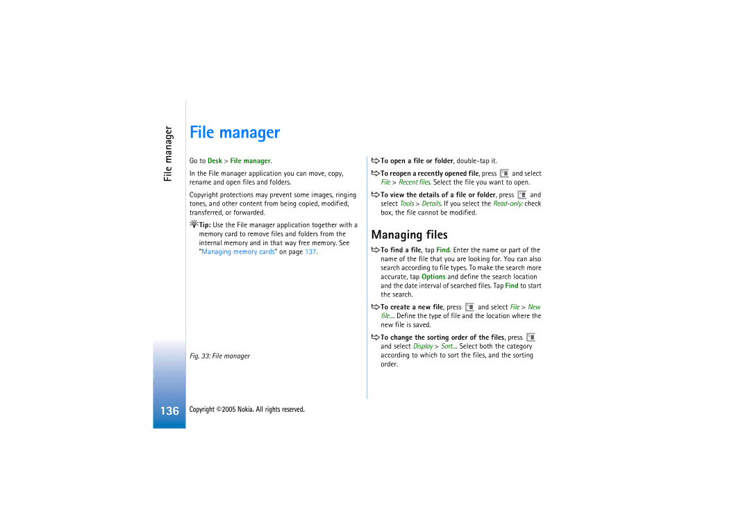 Nokia 7710 manual Managing files, Go to Desk File manager, To open a file or folder, double-tap it 