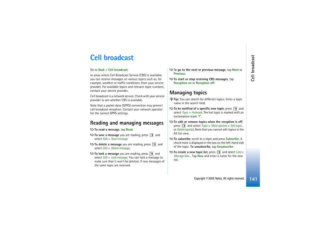 Nokia 7710 manual Managing topics, Go to Desk Cell broadcast 