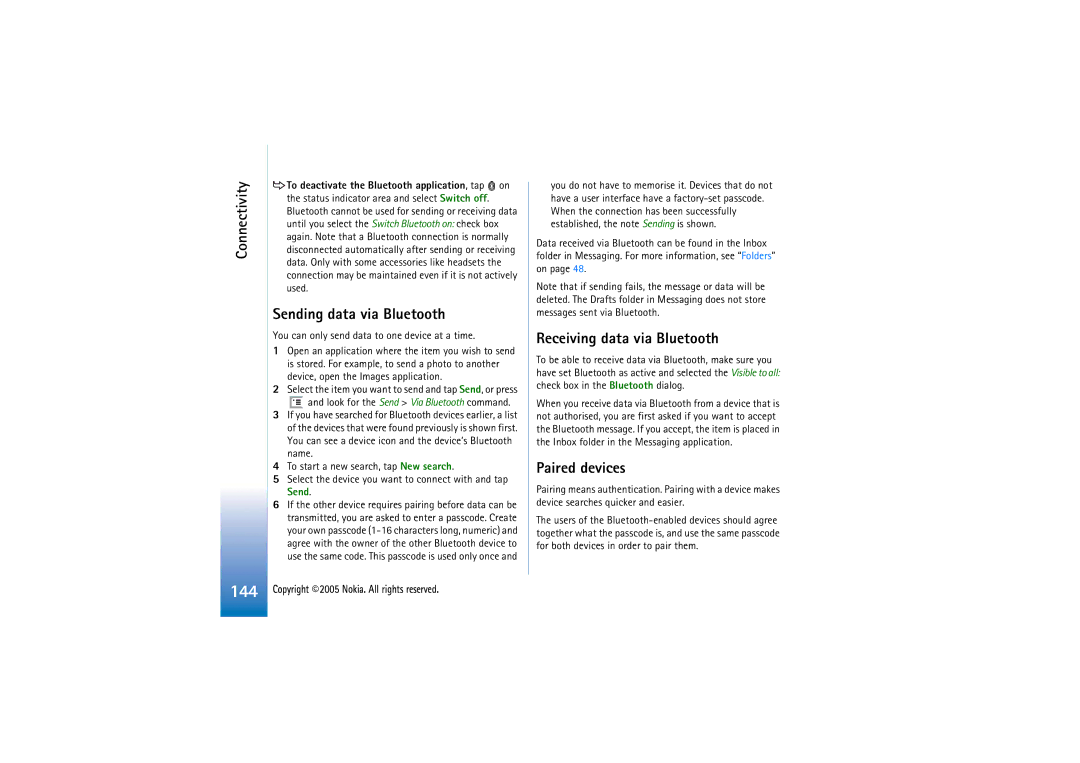 Nokia 7710 manual Sending data via Bluetooth, Receiving data via Bluetooth, Paired devices 