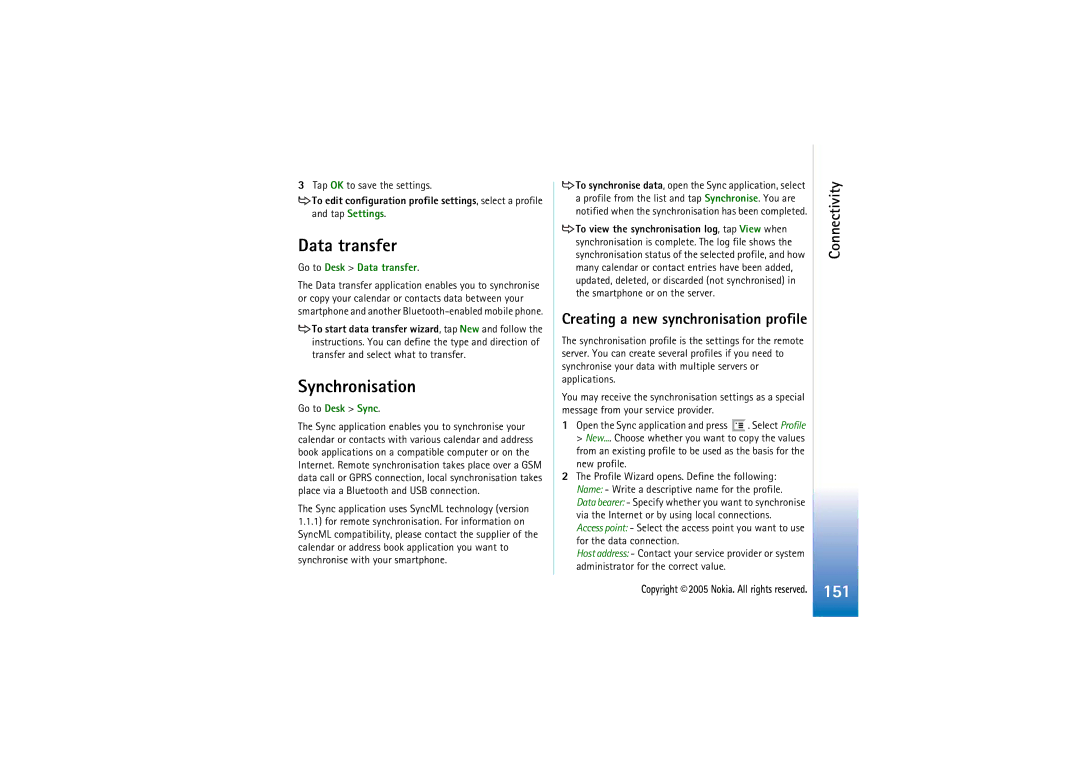 Nokia 7710 manual Synchronisation, Tap OK to save the settings, Go to Desk Data transfer, Go to Desk Sync 