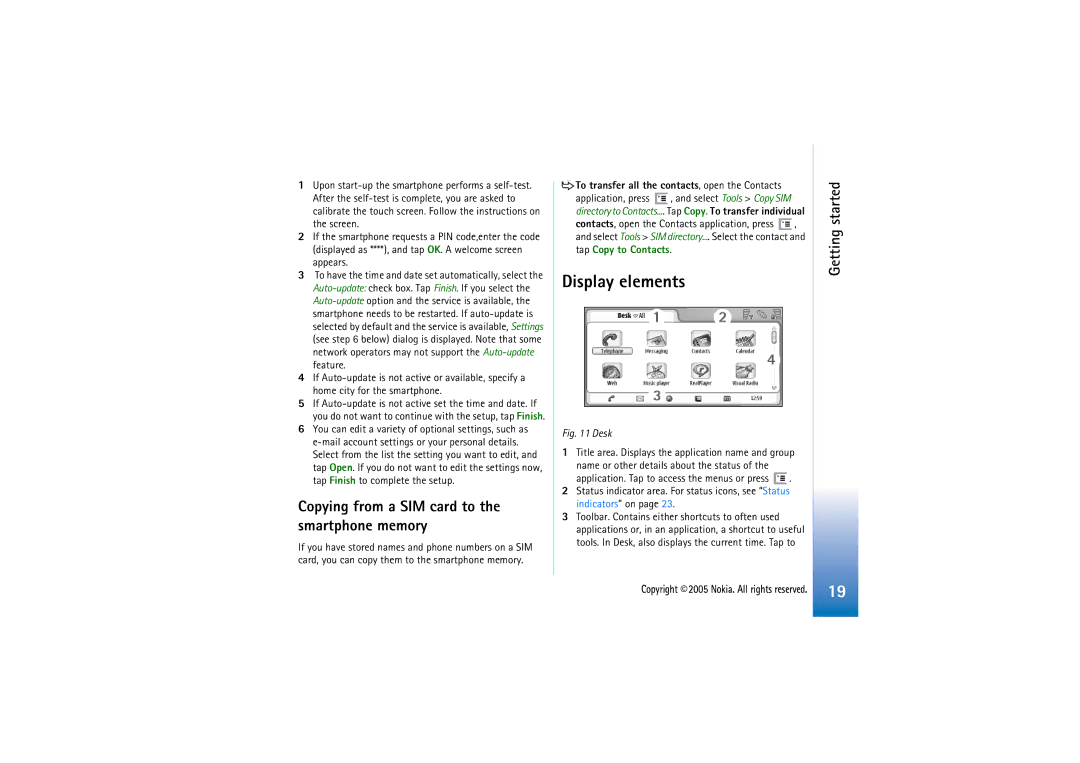 Nokia 7710 manual Display elements, Copying from a SIM card to the smartphone memory 