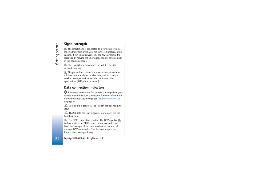 Nokia 7710 manual Getting started Signal strength, Data connection indicators 