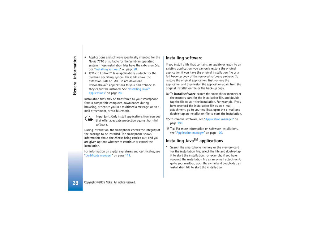 Nokia 7710 manual Installing software, Installing JavaTM applications, To remove software, see Application manager on 
