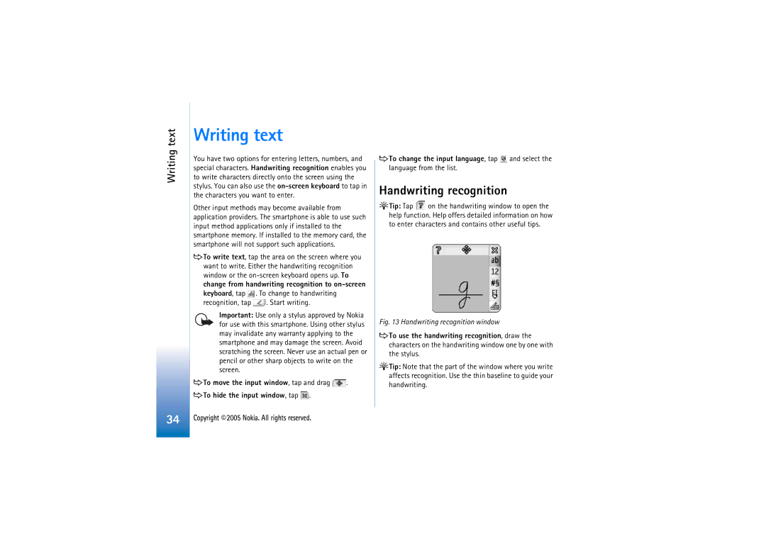 Nokia 7710 manual Writing text, Handwriting recognition 