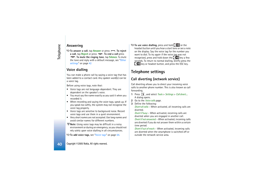 Nokia 7710 manual Telephone settings, Telephone Answering, Voice dialling, Call diverting network service 