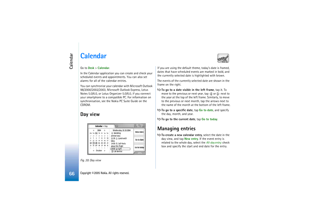 Nokia 7710 manual Day view, Managing entries, Go to Desk Calendar 