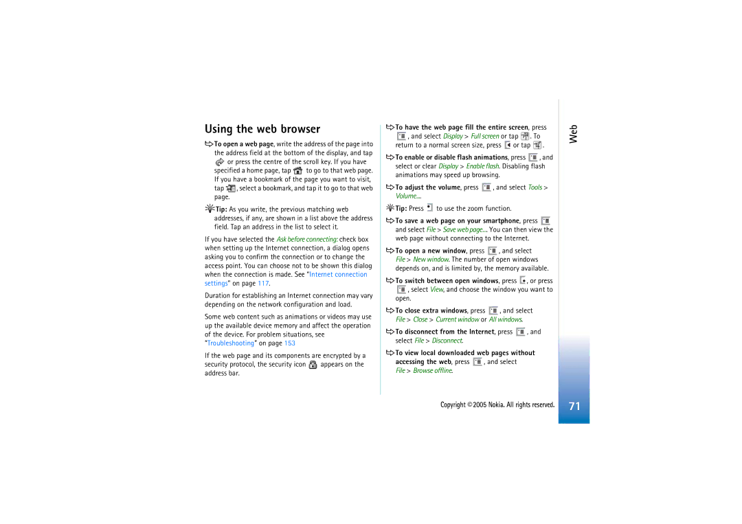 Nokia 7710 manual Using the web browser, Tip Press, To close extra windows, press , and select 