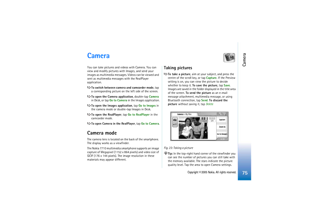 Nokia 7710 manual Camera mode, Taking pictures, To open Camera in the RealPlayer, tap Go to Camera 