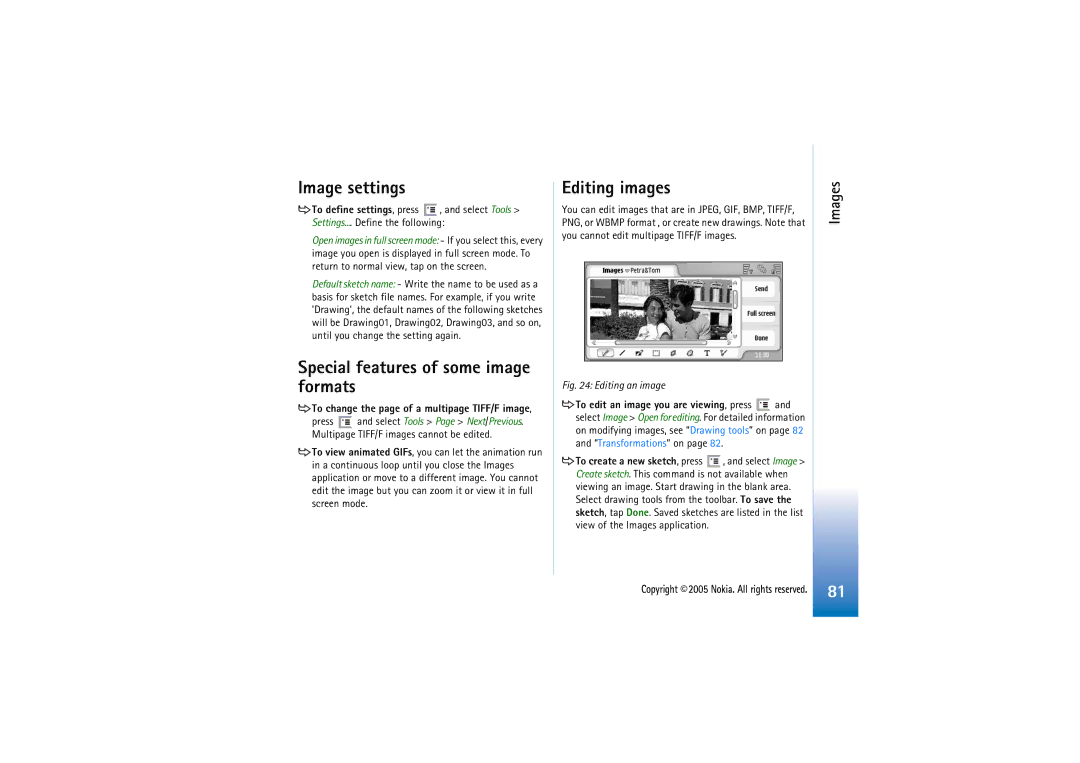 Nokia 7710 manual Image settings, Special features of some image formats, Editing images 