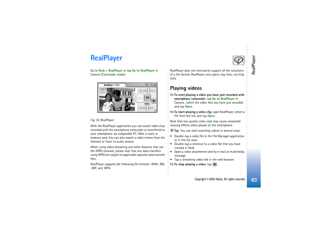 Nokia 7710 manual RealPlayer, Playing videos, To stop playing a video, tap 