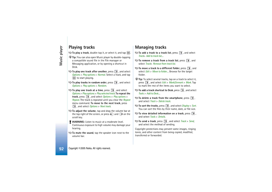 Nokia 7710 manual Playing tracks, Managing tracks, Tip To select several tracks, tap on a track to select it 