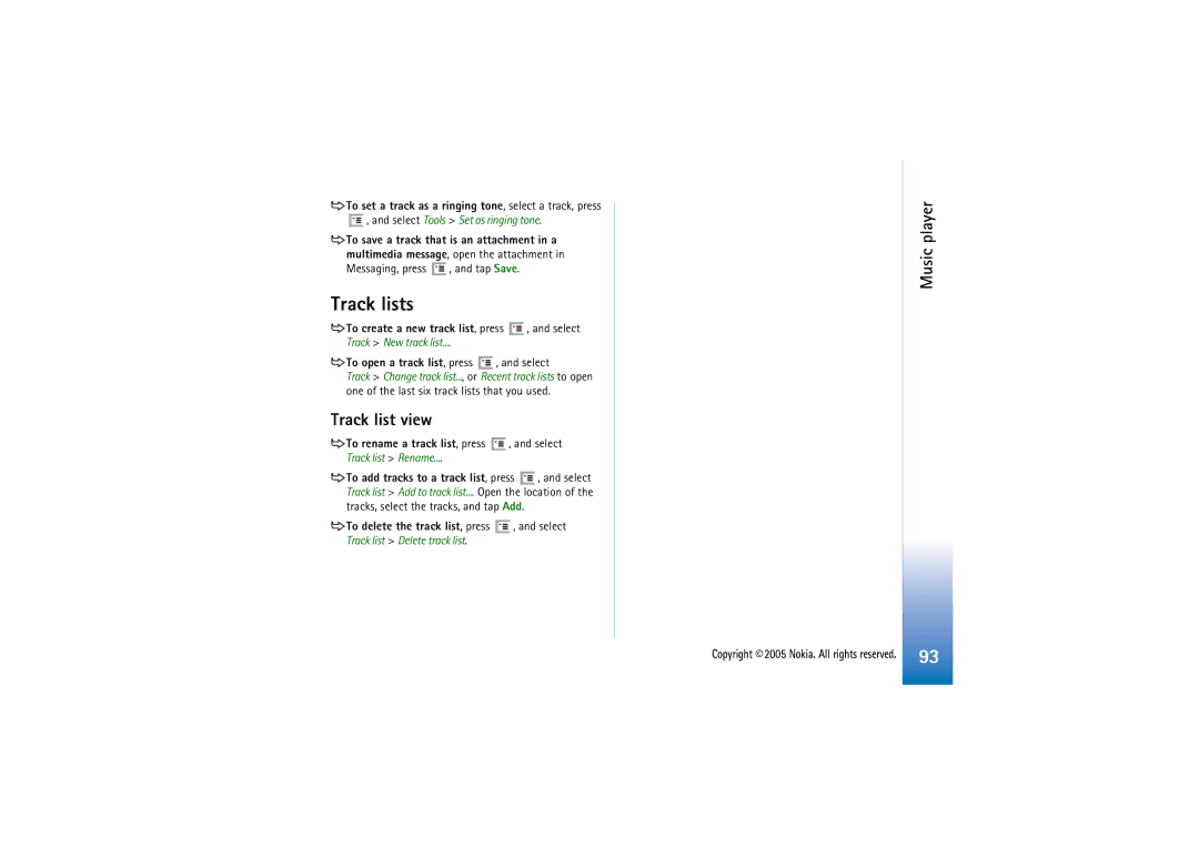Nokia 7710 manual Track lists, Track list view, To set a track as a ringing tone, select a track, press 