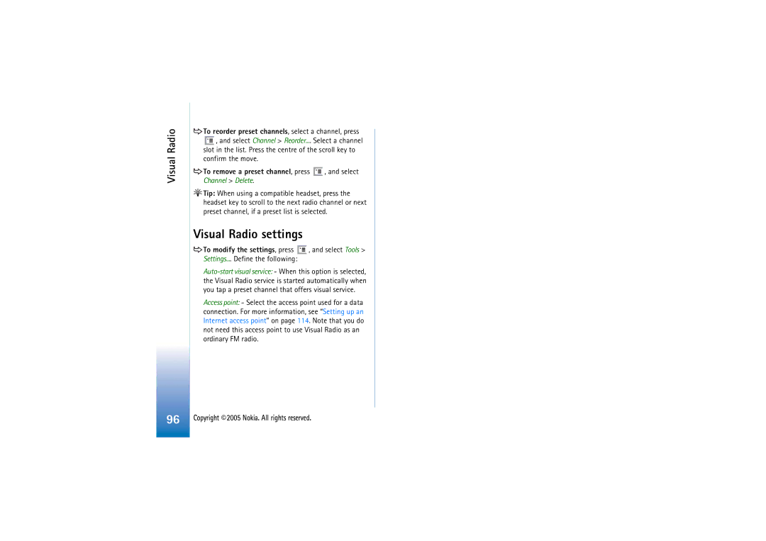 Nokia 7710 manual Visual Radio settings, To reorder preset channels, select a channel, press 