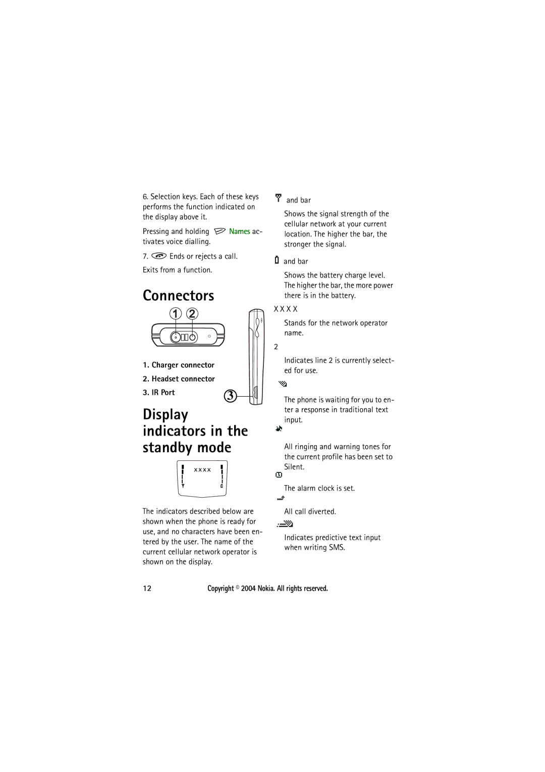 Nokia 8210 manual Connectors, Display indicators in the standby mode, Charger connector Headset connector IR Port, Bar 