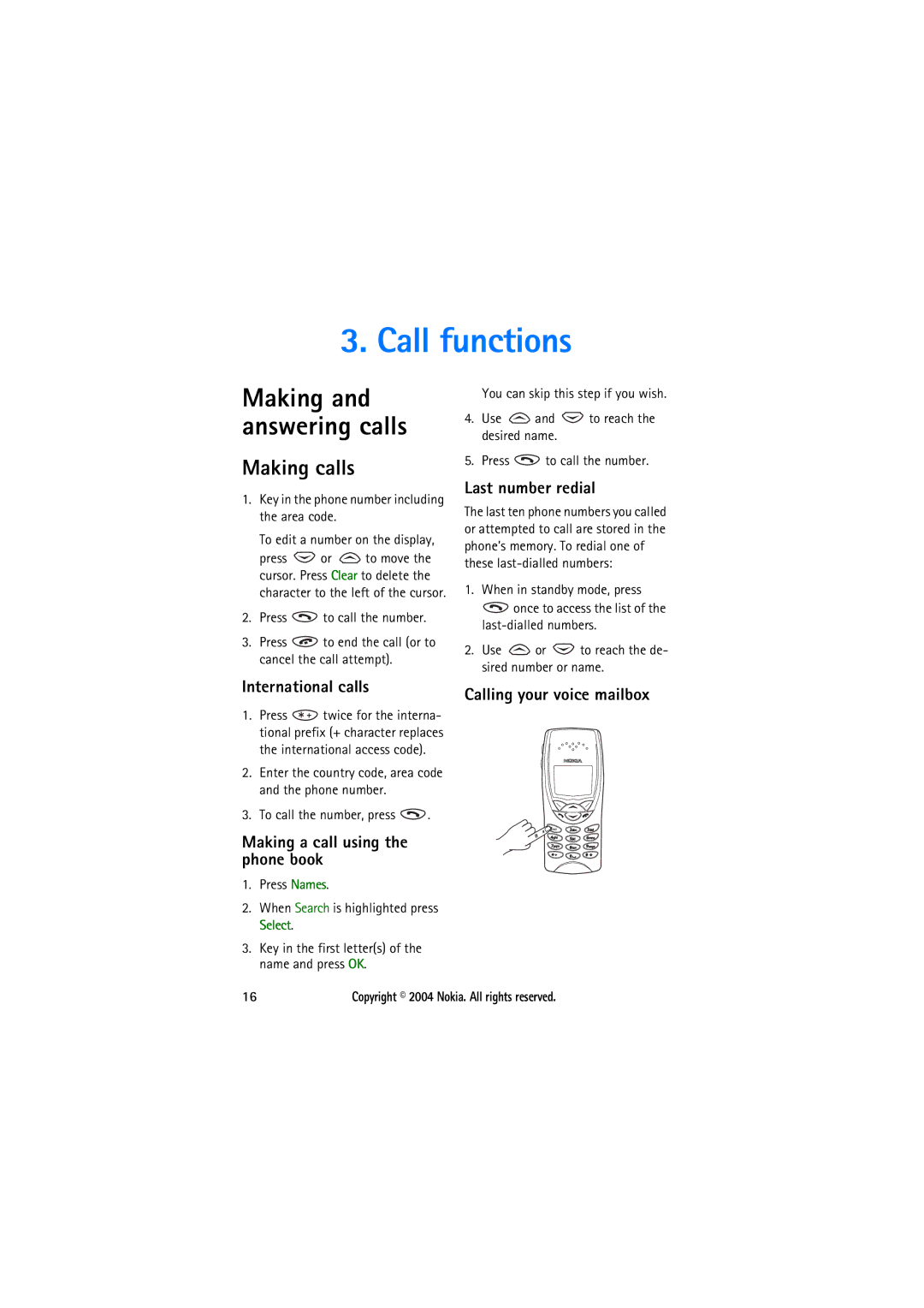 Nokia 8210 manual Call functions, Making and answering calls, Making calls 