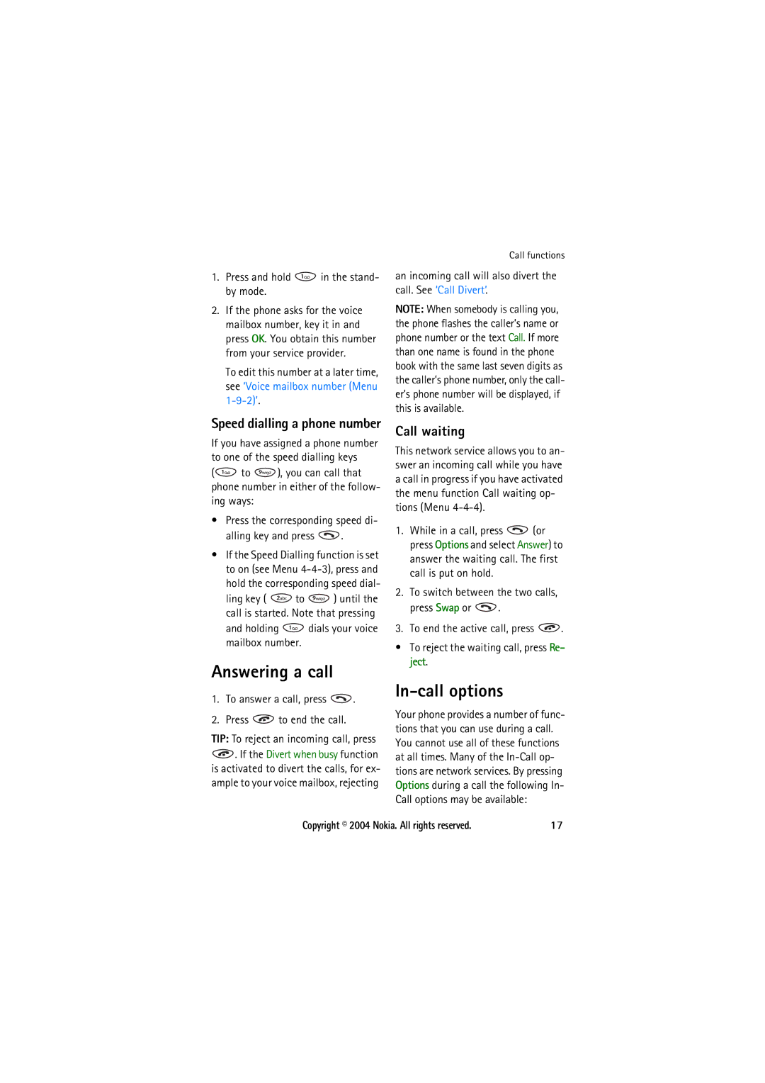 Nokia 8210 manual Answering a call, In-call options, Call waiting, Speed dialling a phone number 