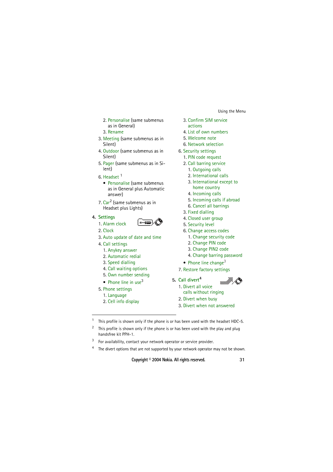 Nokia 8210 manual Silent, Lent, As in General plus Automatic, Answer, Car2 same submenus as, Headset plus Lights 