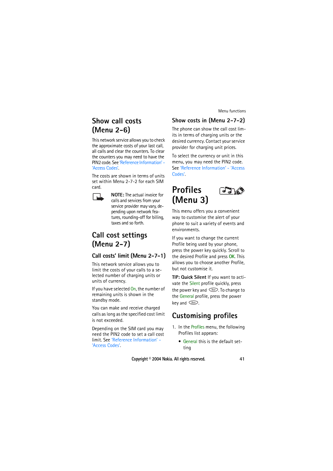 Nokia 8210 manual Profiles Menu, Customising profiles, Call cost settings Menu, Show costs in Menu, Call costs’ limit Menu 
