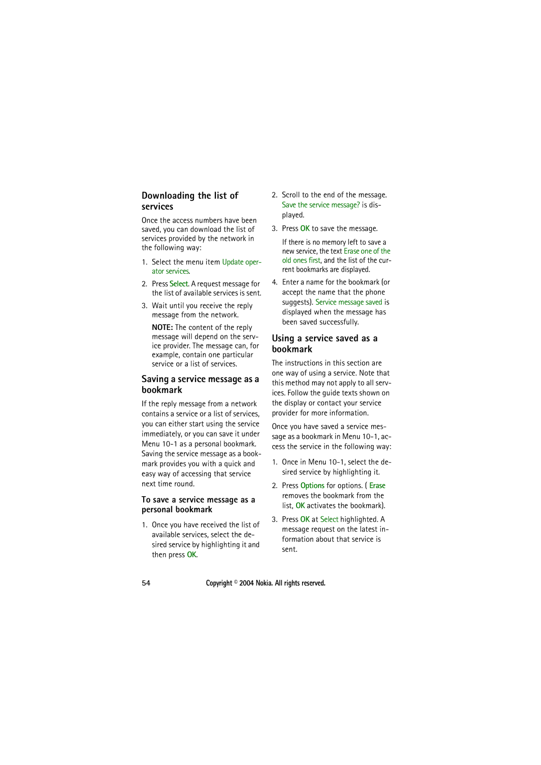 Nokia 8210 Downloading the list of services, Saving a service message as a bookmark, Using a service saved as a bookmark 