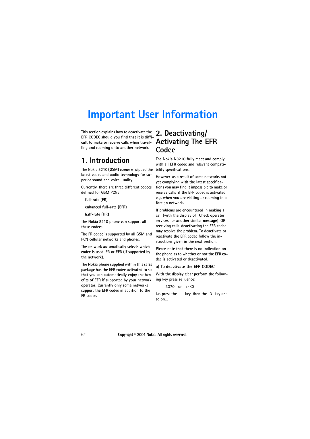 Nokia 8210 manual Important User Information, Introduction, Deactivating/ Activating The EFR Codec 