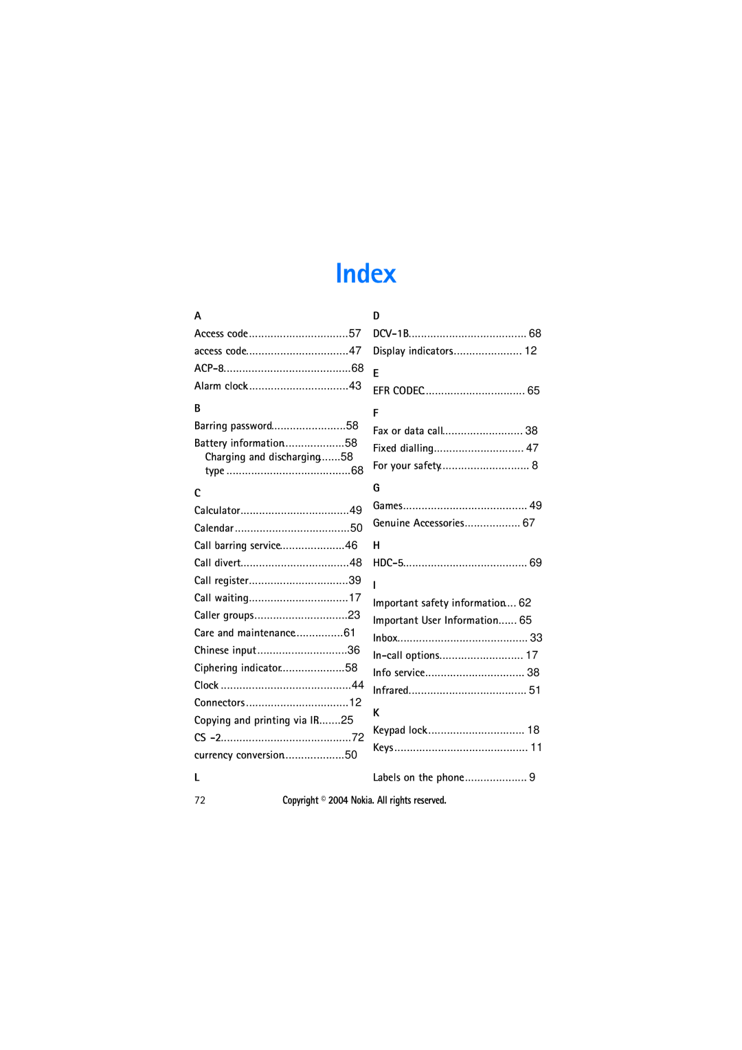 Nokia 8210 manual Index, Battery information, Copying and printing via IR 