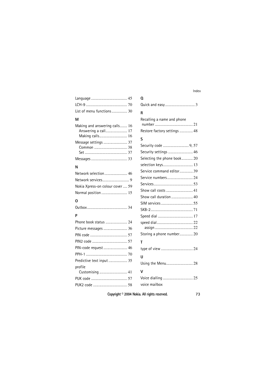 Nokia 8210 manual Profile, Voice mailbox, Predictive text input, Index, Recalling a name and phone 