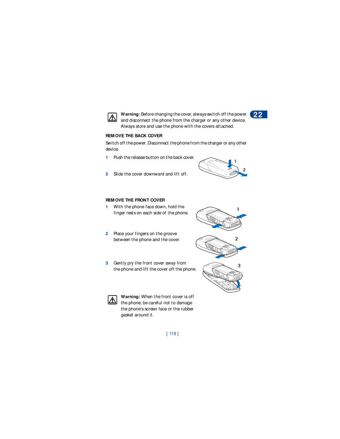 Nokia 8265 Always store and use the phone with the covers attached, Remove the Back Cover, Remove the Front Cover, 119 