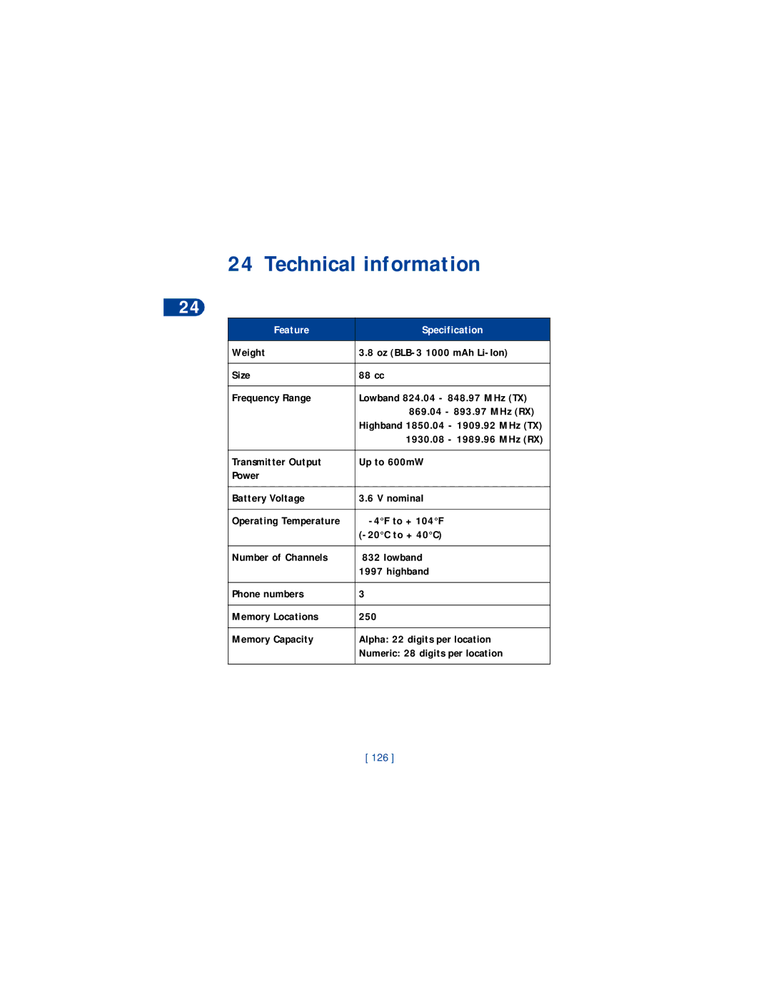 Nokia 8265 warranty Technical information, Feature Specification, 4F to + 104F, 20C to + 40C, 126 