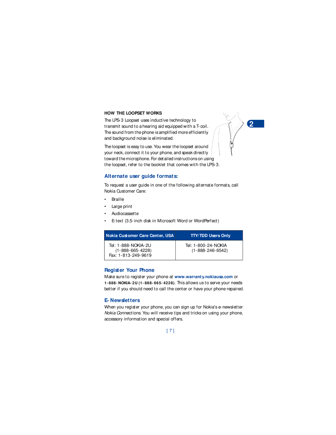 Nokia 8265 Alternate user guide formats, Register Your Phone, Newsletters, HOW the Loopset Works, TTY/TDD Users Only 