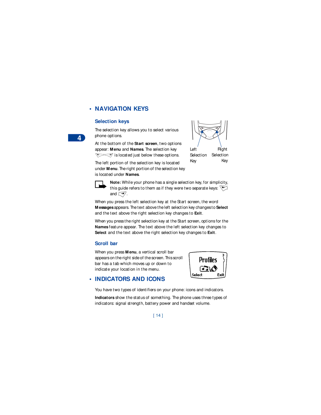 Nokia 8265 warranty Navigation Keys, Indicators and Icons, Selection keys, Scroll bar, Phone options 