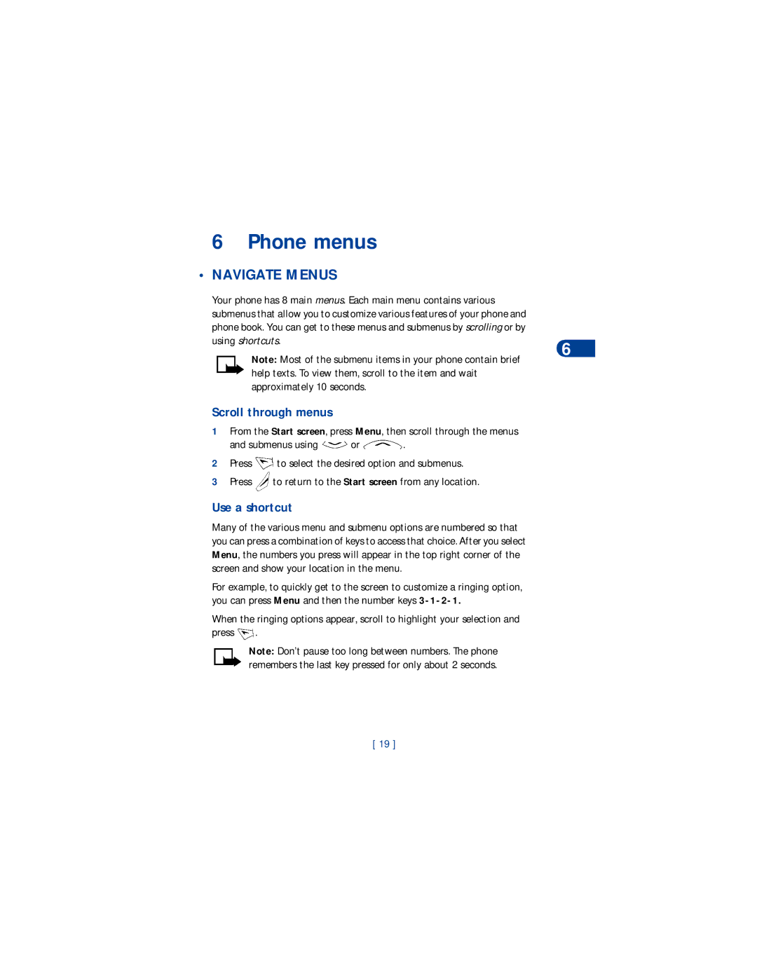 Nokia 8265 warranty Phone menus, Navigate Menus, Scroll through menus, Use a shortcut 