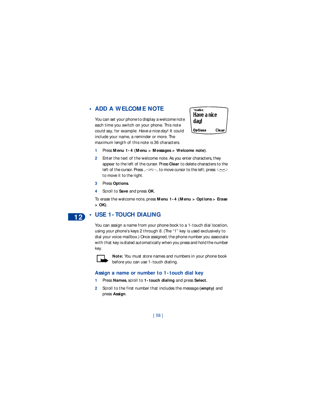 Nokia 8265 warranty ADD a Welcome Note, USE 1-TOUCH Dialing, Assign a name or number to 1-touch dial key 