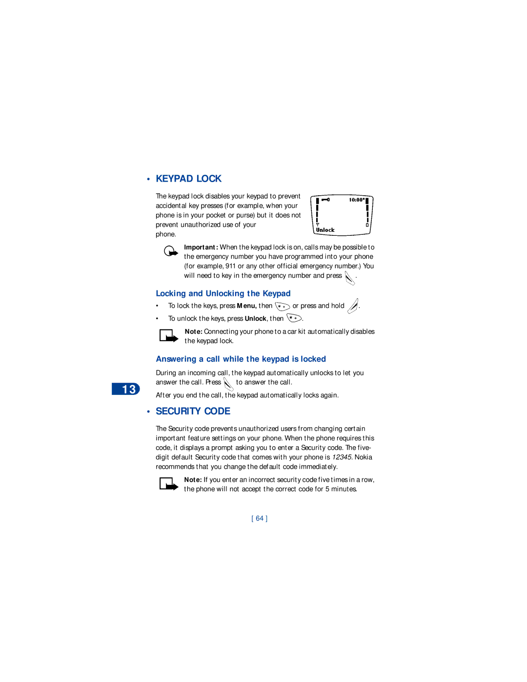 Nokia 8265 Keypad Lock, Security Code, Locking and Unlocking the Keypad, Answering a call while the keypad is locked 