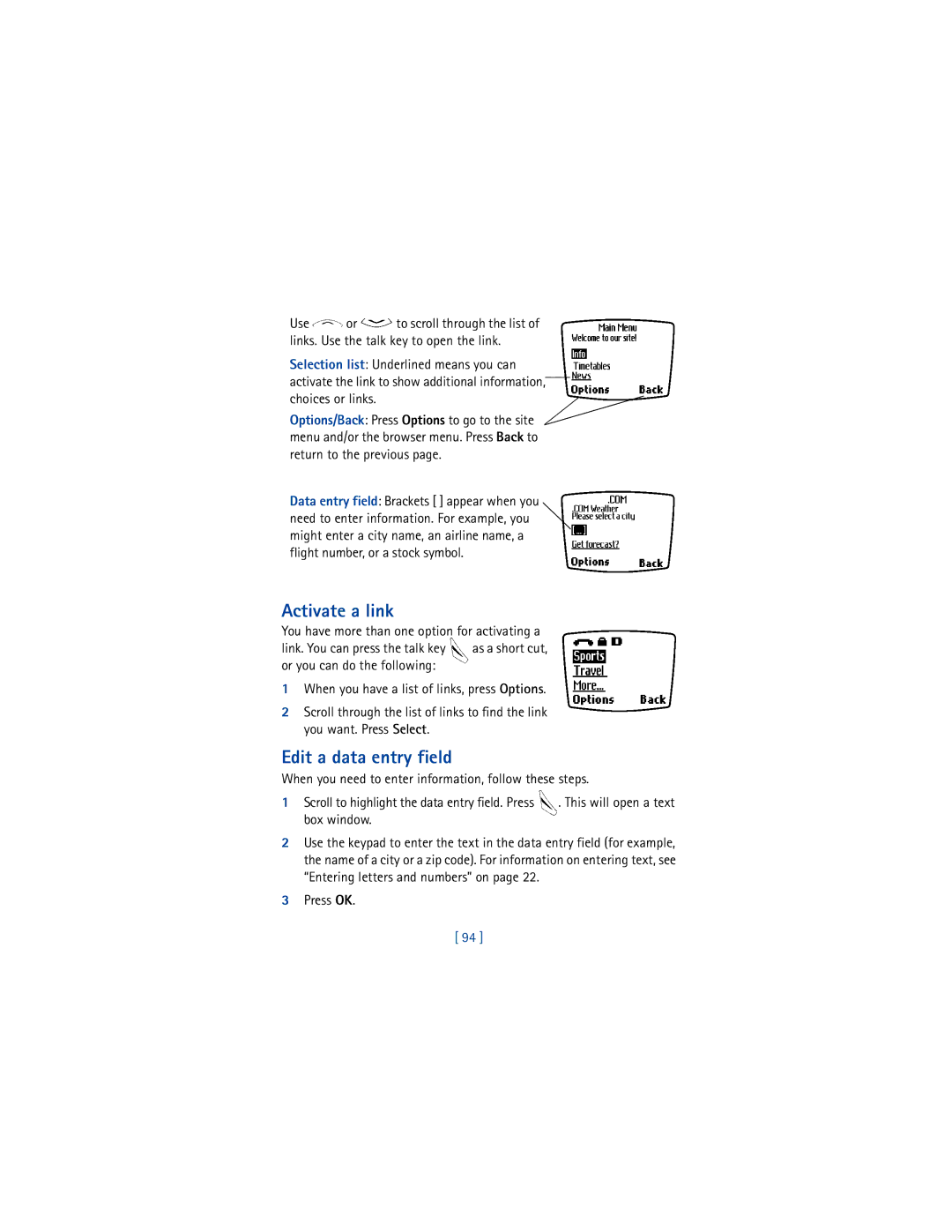 Nokia 8265i Activate a link, Edit a data entry field, When you need to enter information, follow these steps, Box window 